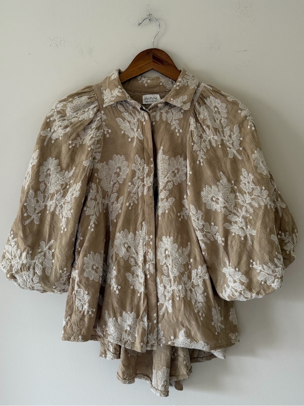 Shop the Mint Beige Lace-Embroidered Puff-Sleeve Button Down Top Size Small